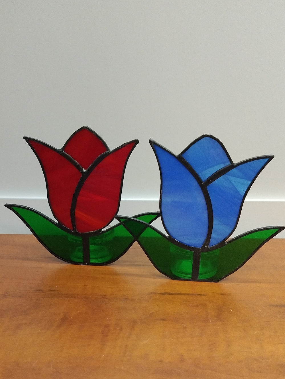 Stained Glass Tulip Votive Set - Red & Blue